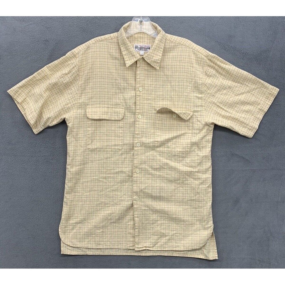 The Heartland Button Down Shirt Men Small Khaki 100% Cotton Window Pane Vented